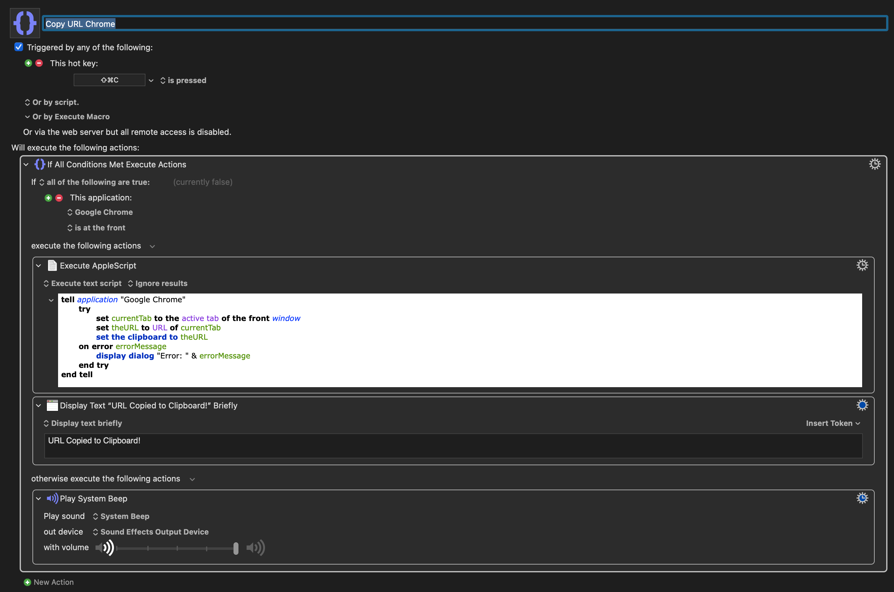 Configuração do Keyboard Maestro com o Applescript descrito acima