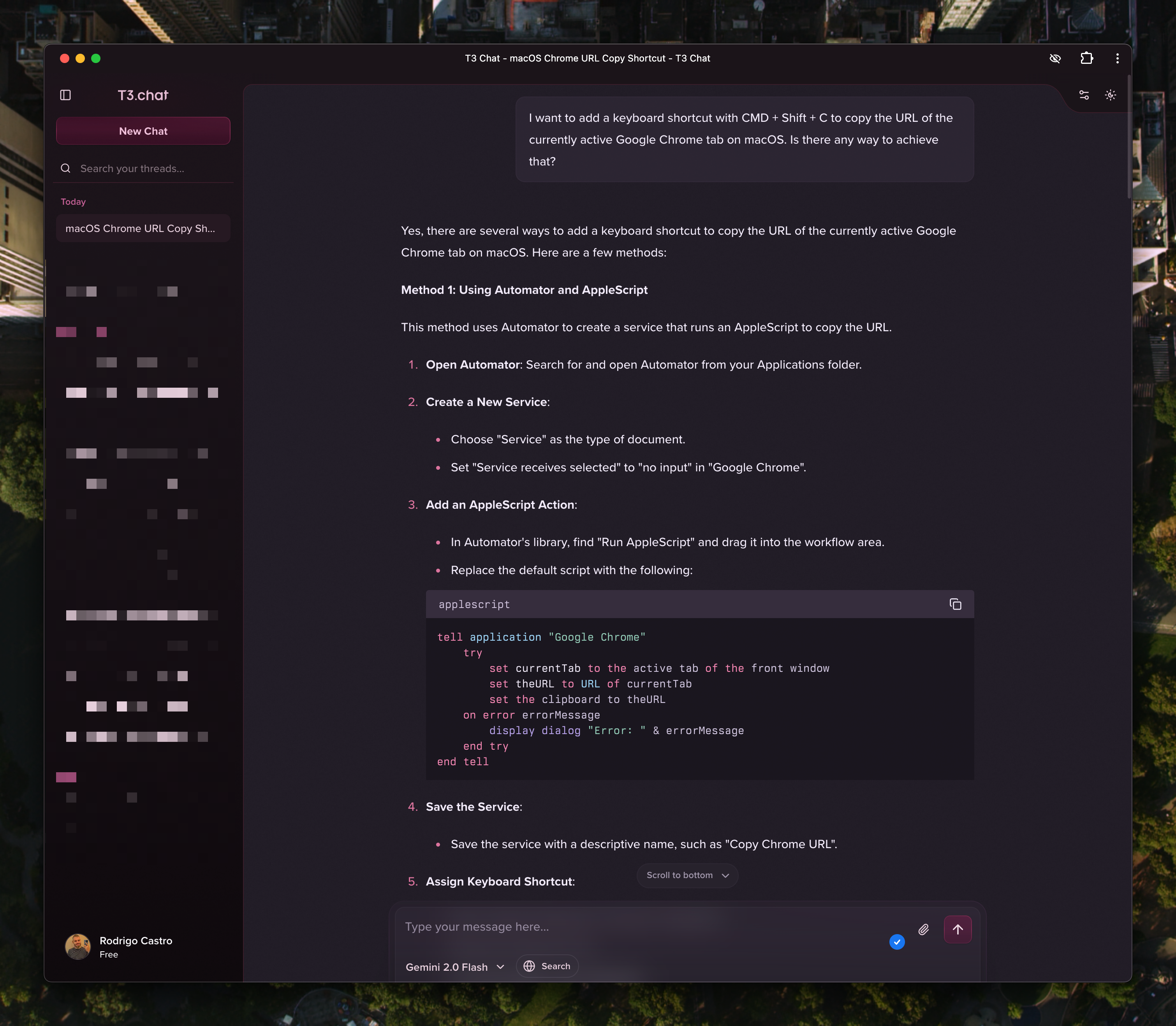 Janela do aplication T3 Chat usando o modelo Gemini 2.0 Flash
